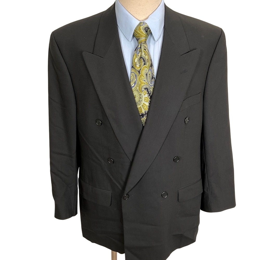Baumler Blazer Mens 42R‎ Black Double Breasted Virgin Wool Jacket Austrian VTG